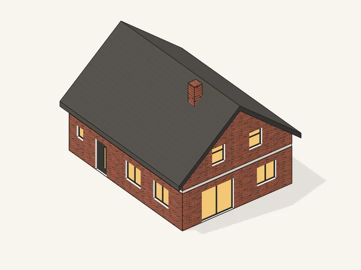 Zeichnung: fertiges Klinkerhaus mit Satteldach und warm beleuchteten Fenstern